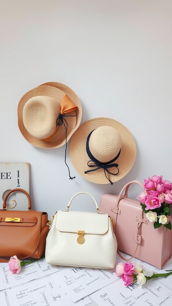 A collection of vintage-inspired accessories including straw hats, handbags, and flowers