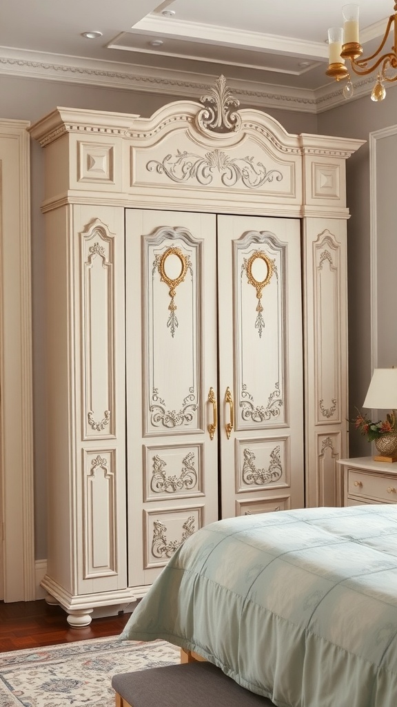 A vintage chic wardrobe with ornate carvings and gold accents in a cozy bedroom setting.