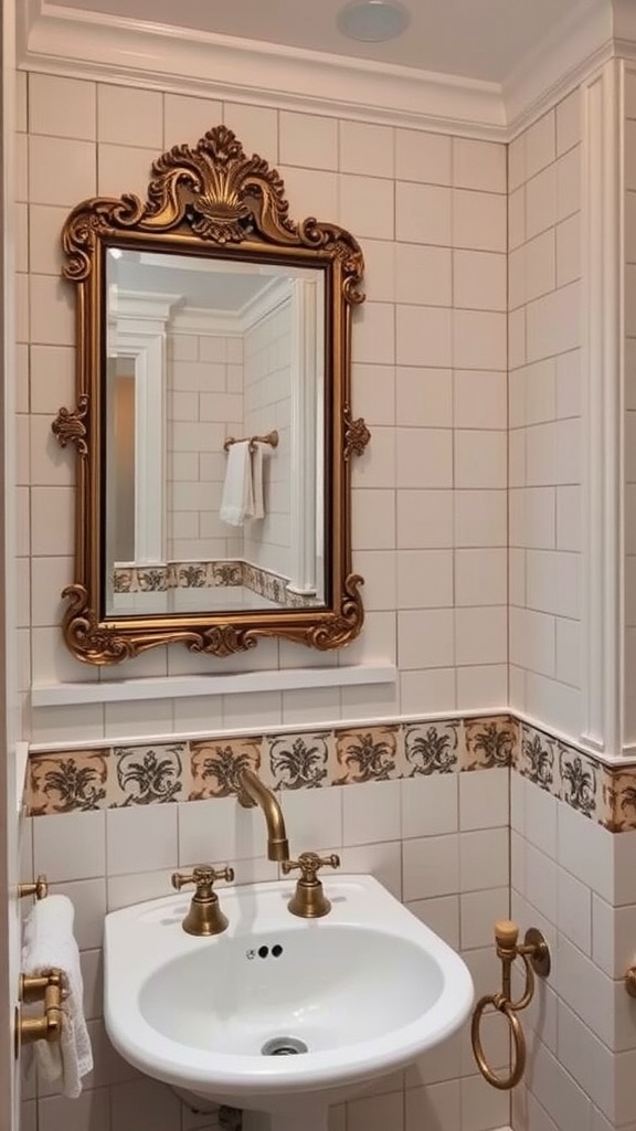 A vintage style ensuite bathroom featuring a gold-framed mirror, brass fixtures, and decorative tile borders.