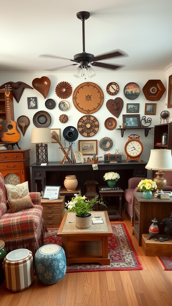 Vintage living room with plaid sofa, decorative wooden items on the wall, and various antiques.