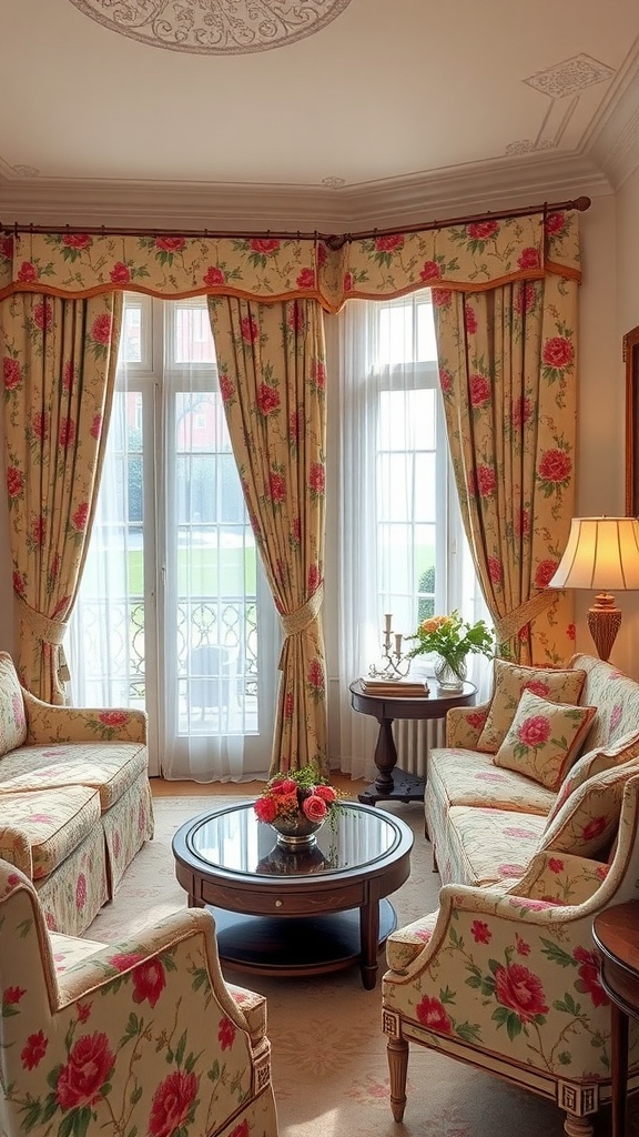 Cozy living room with vintage floral patterns on furniture and curtains, featuring a round coffee table and fresh flowers.