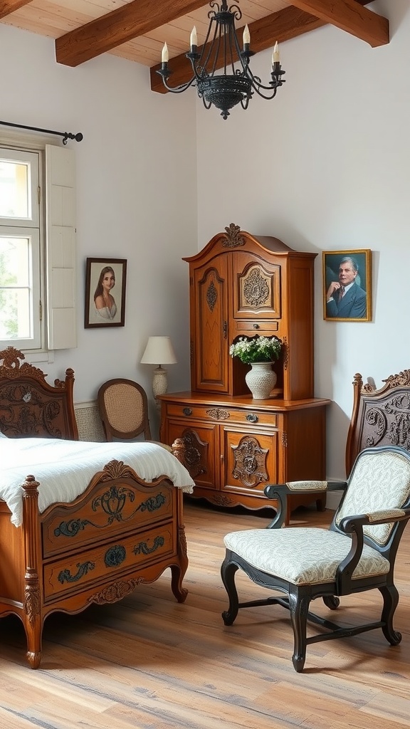 A cozy French cottage bedroom featuring vintage wooden furniture, including a bed, armoire, and chair, with warm tones and decorative accents.