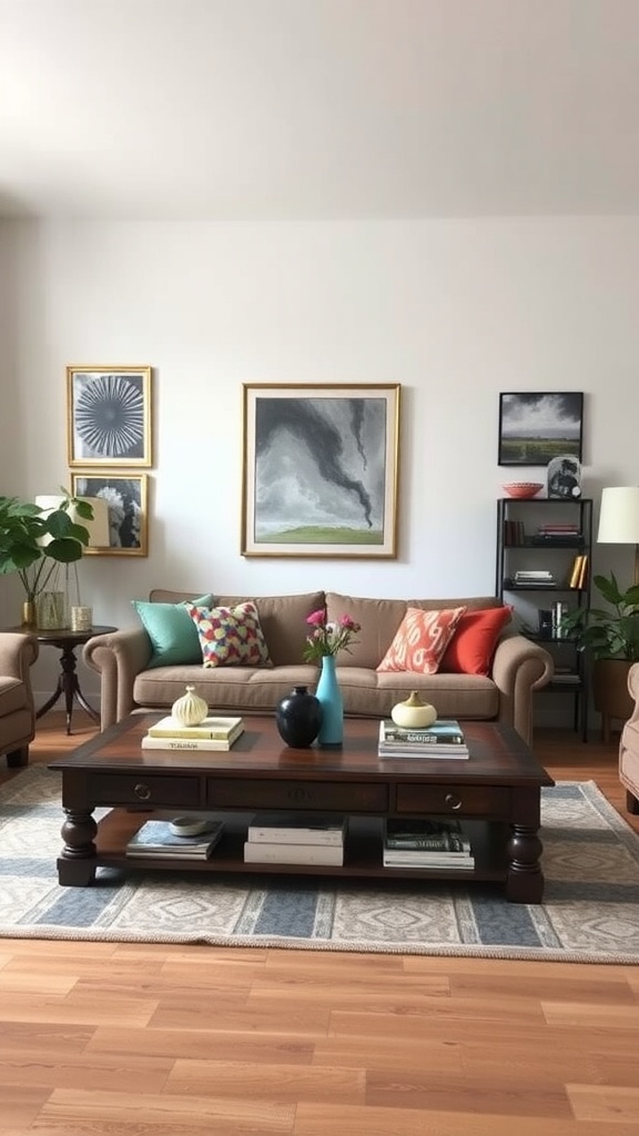 A vintage-inspired living room with neutral sofas, colorful pillows, a wooden coffee table, and framed artwork on the walls.