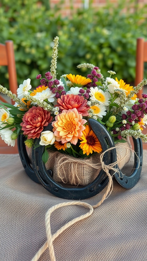 A vintage horseshoe arrangement filled with colorful flowers on a rustic table.