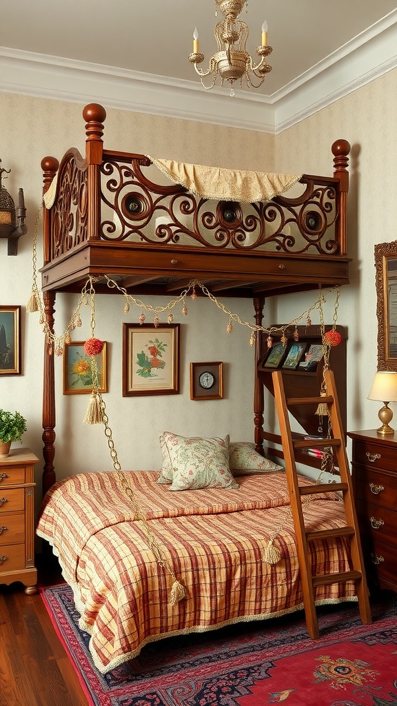 A vintage loft bed with intricate wooden detailing, cozy bedding, and a warm atmosphere