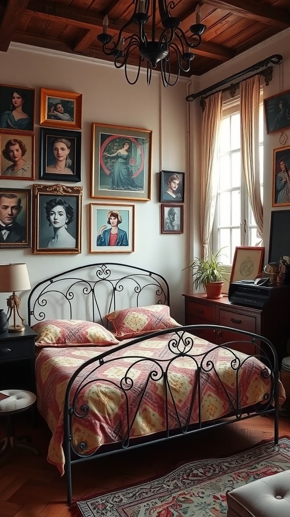 A vintage Parisian bedroom featuring an iron bed, framed portraits on the wall, and soft bedding.