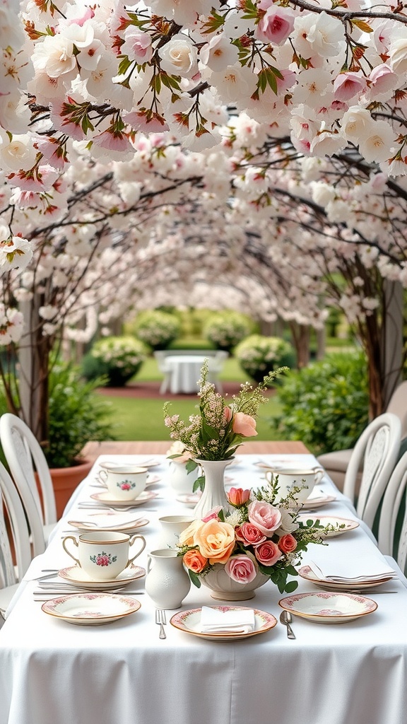 A vintage tea party setup in a garden with a table set for guests surrounded by blooming flowers.