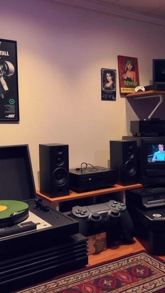 A cozy gaming room featuring a vinyl record player, gaming console, and speakers.