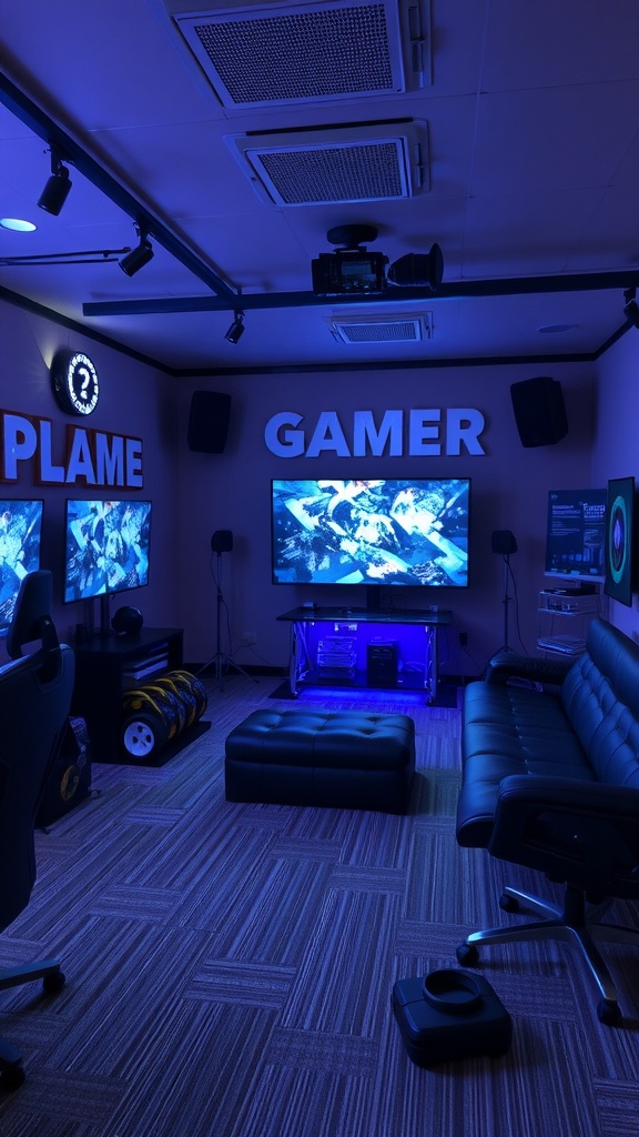 A gaming room featuring multiple screens, comfortable seating, and VR setup.