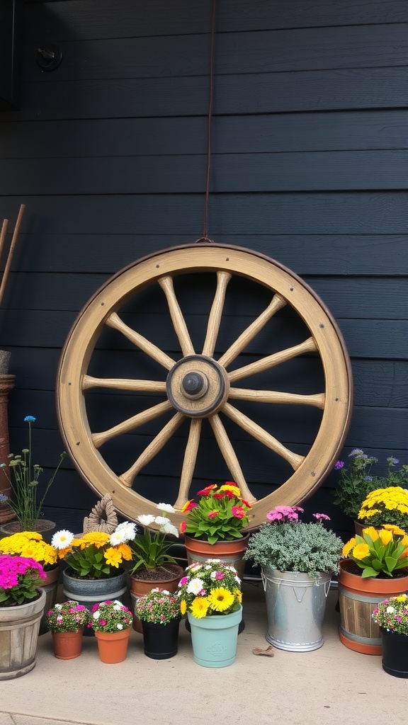 A wooden wagon wheel hanging on a wall surrounded by colorful potted flowers