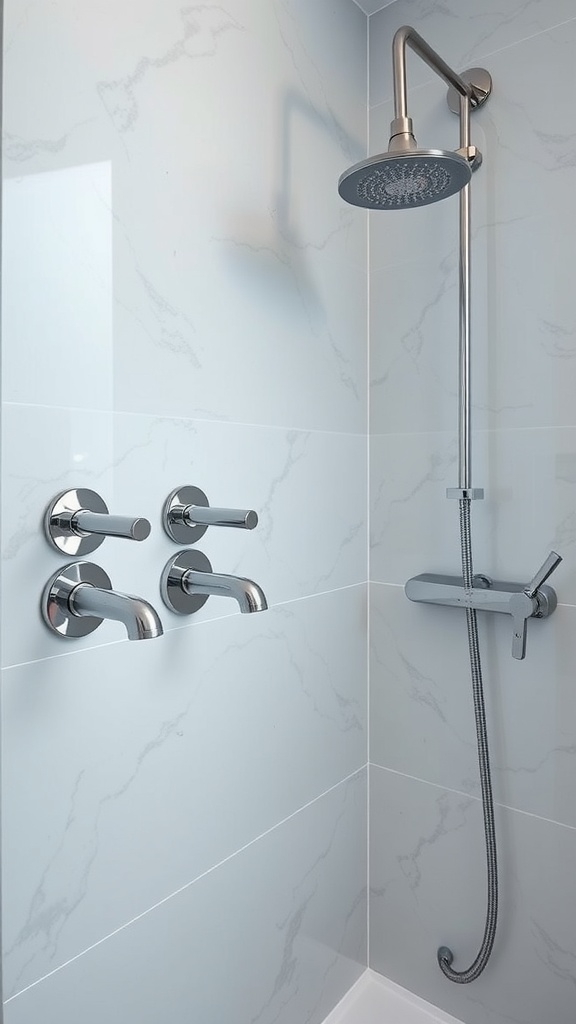 A modern shower with wall-mounted faucets and a sleek shower head on a light marble wall.