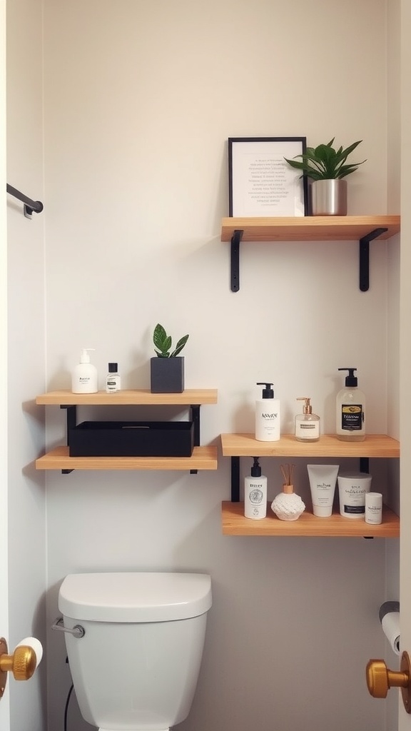 Small bathroom with wooden wall-mounted shelves above the toilet, displaying various toiletries and plants.