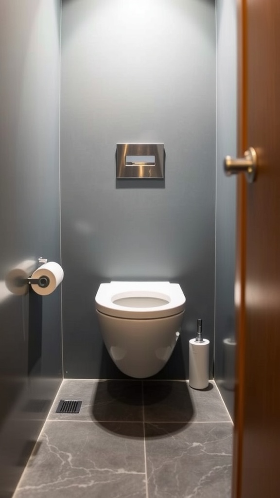 A modern wall-mounted toilet in a small bathroom setting.