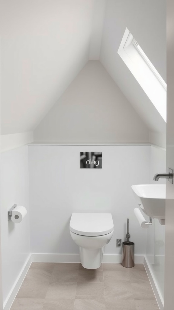 Small bathroom with slanted ceiling featuring a wall-mounted toilet and minimalist design.