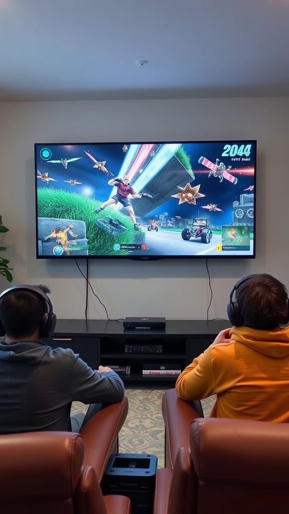 Two gamers sitting on recliners, focused on a wall-mounted TV showing a vibrant game scene.