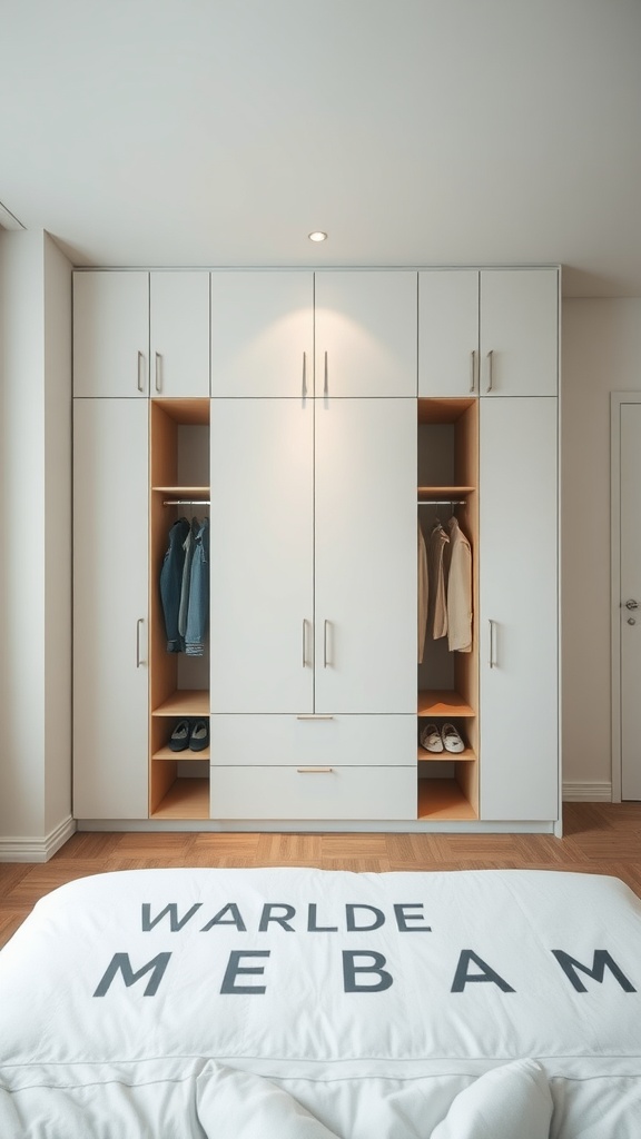 Wall-mounted wardrobe design in a modern bedroom, featuring a mix of white cabinetry and wood accents, with hanging clothes and shoe storage.