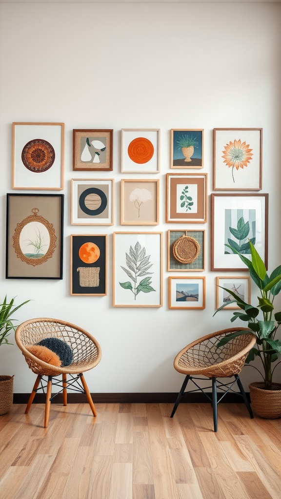 A wall art gallery featuring various framed artworks and plants in a modern boho living room