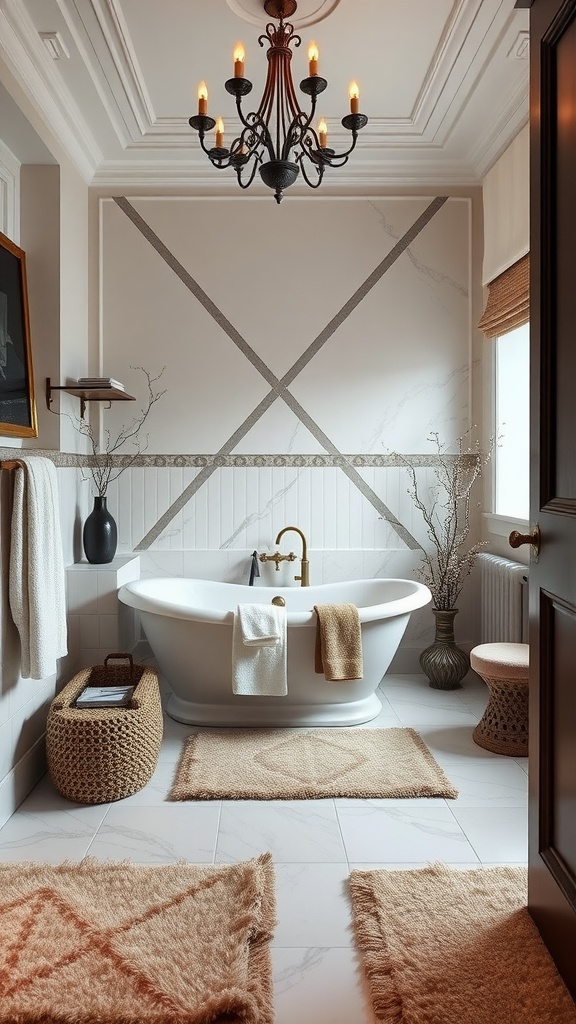 A warm and inviting ensuite bathroom featuring textiles like rugs and towels.