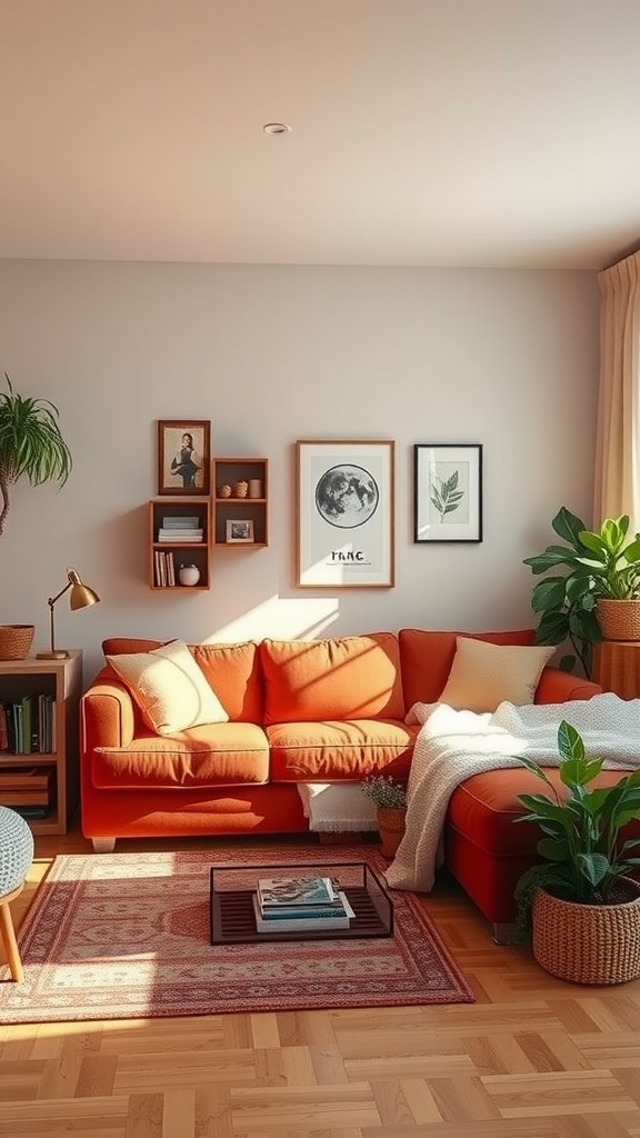 A cozy dorm living room with a warm color palette, featuring an orange sofa, plants, and framed art on the walls.