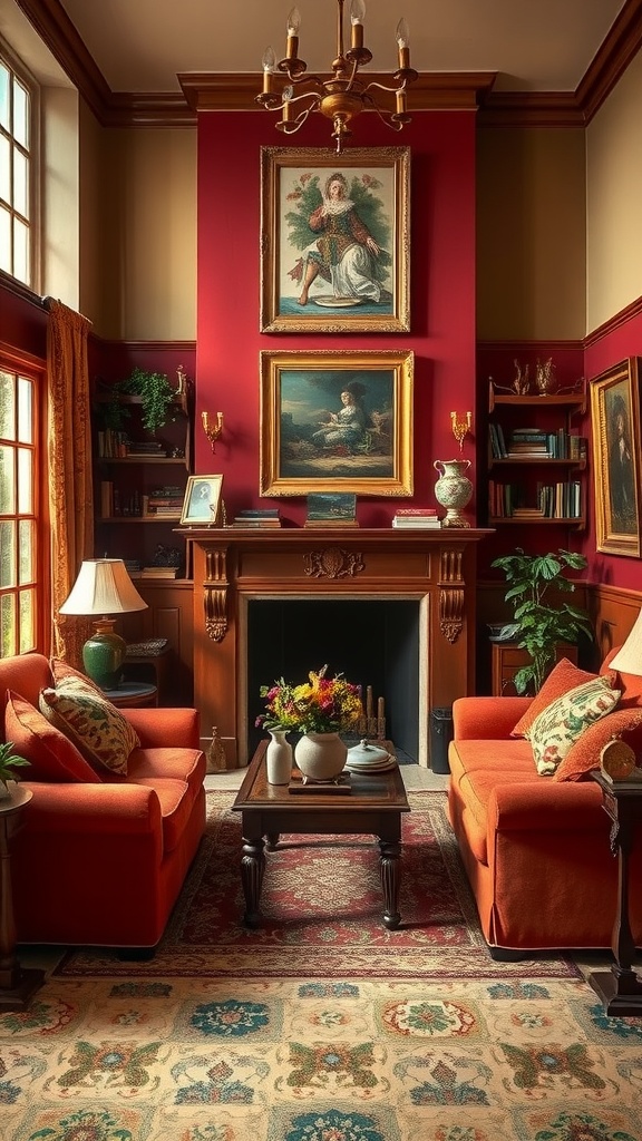 A warm and inviting old English living room with red walls and orange sofas.