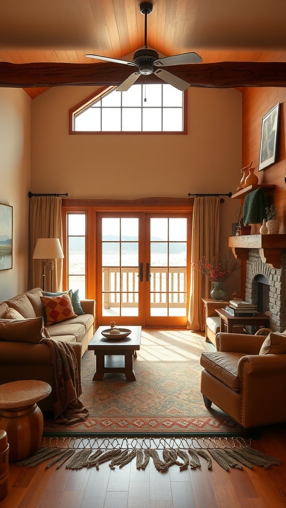 Cozy ranch-style living room with warm earth tones, wooden beams, and large windows