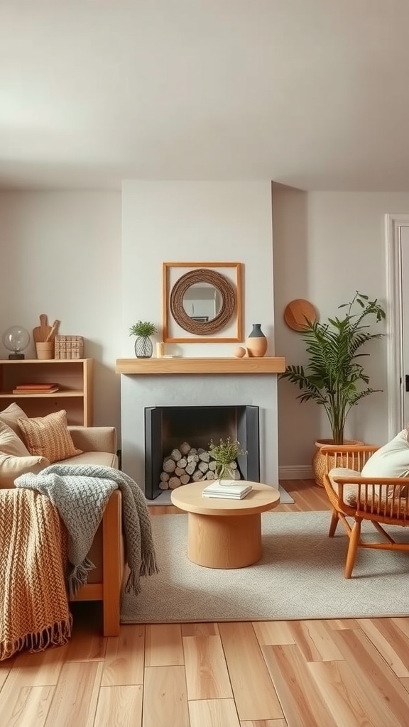 A cozy cottagecore aesthetic living room featuring warm earthy tones, wooden furniture, and plants.