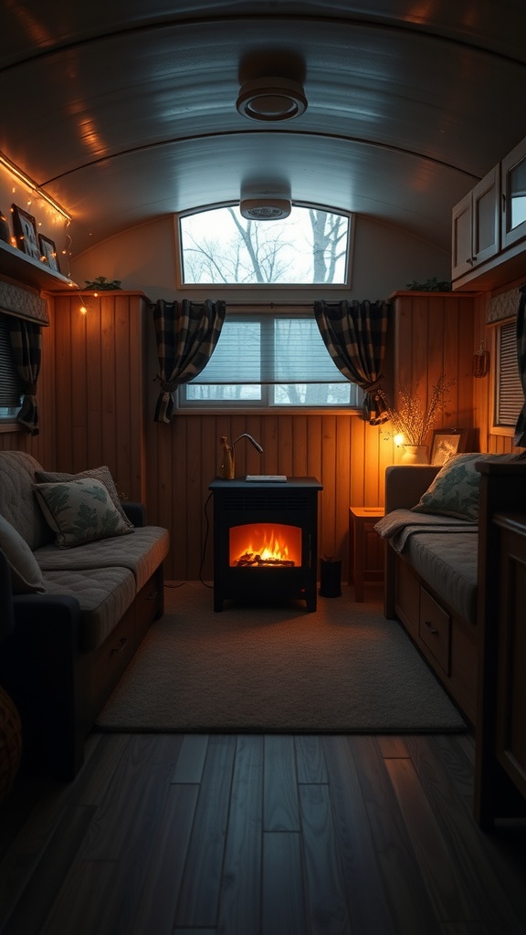 Cozy living room in a trailer house with a fireplace, warm lighting, and wooden accents.