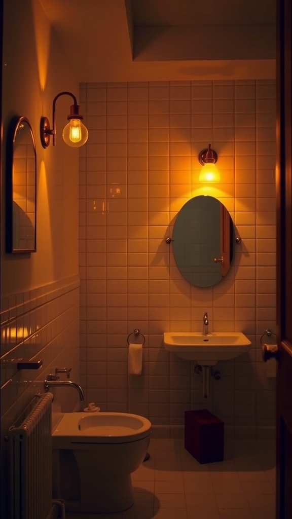 A warmly lit bathroom featuring wall sconces and a central light fixture, creating a cozy atmosphere.