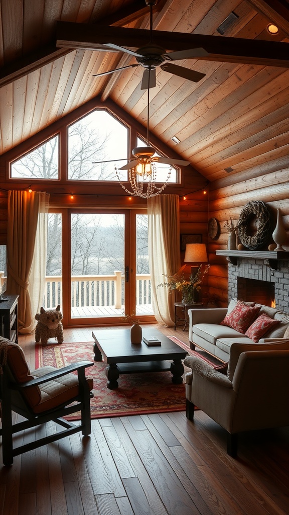 A cozy modern western living room with warm lighting and wooden elements.