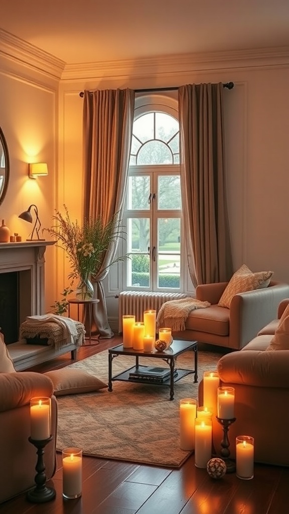 A cozy living room with warm candle lighting, soft furniture, and natural elements.