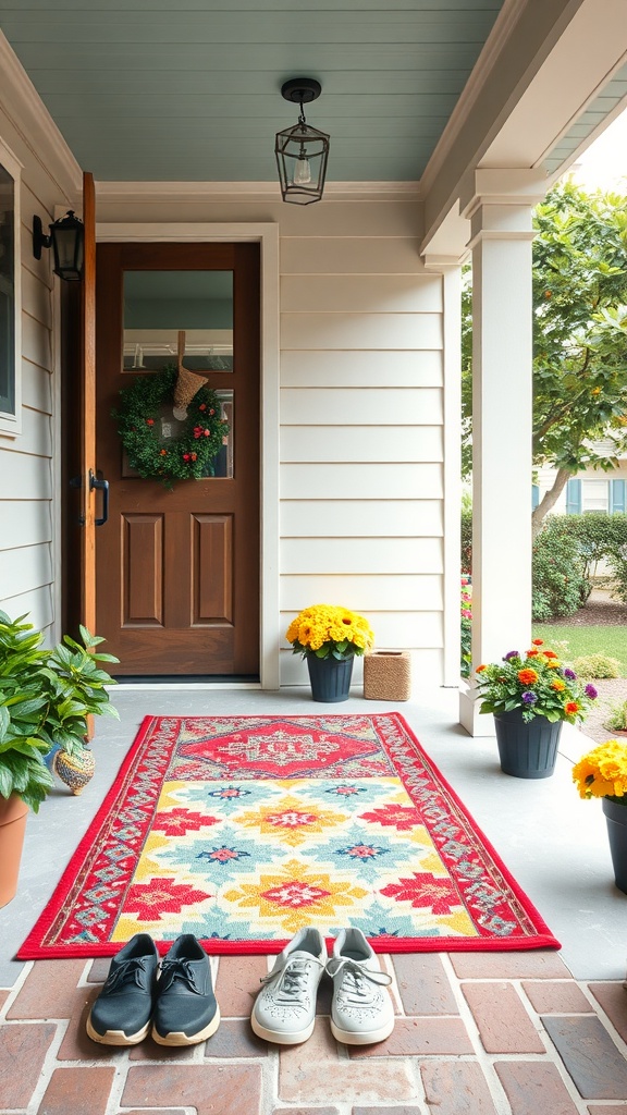 A colorful outdoor rug on a porch with shoes and flower pots.