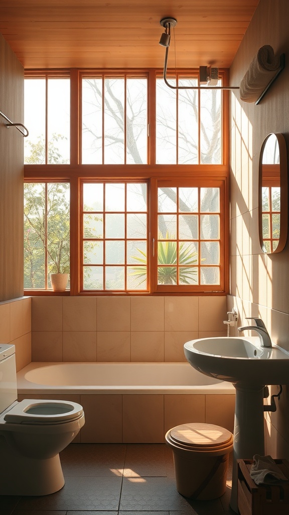 A bright bathroom with wooden features and large windows allowing natural light, featuring a bathtub and a sink.