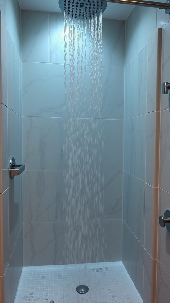 A modern shower with warm water flowing from a stylish showerhead