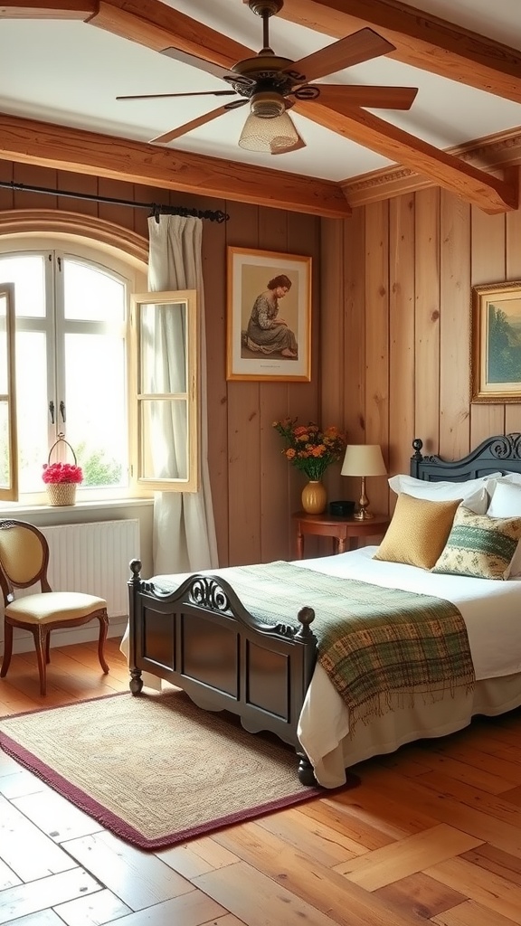 Cozy French cottage bedroom with wooden beams and earthy tones