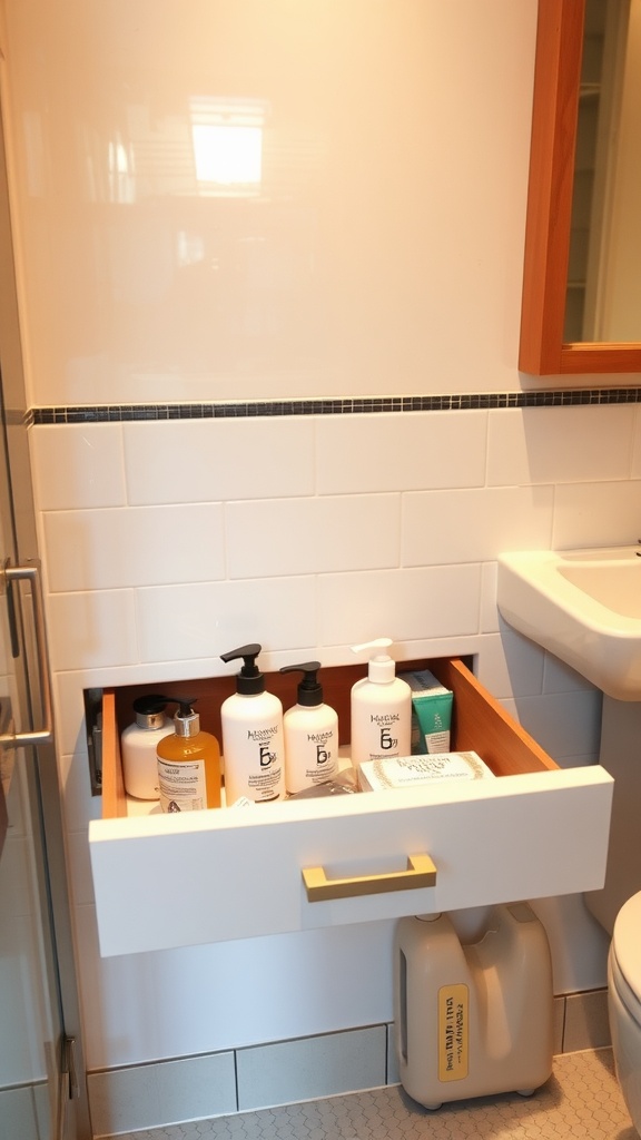 A bathroom drawer filled with neatly arranged toiletries, showcasing warming drawers for added comfort.