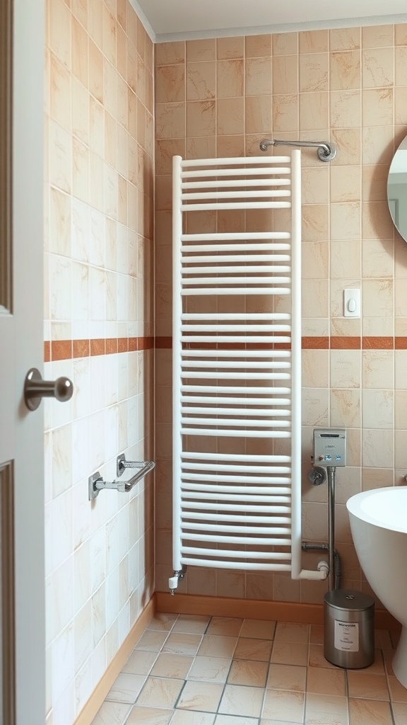 A modern bathroom with a white radiator, light tiles, and a minimalistic design.