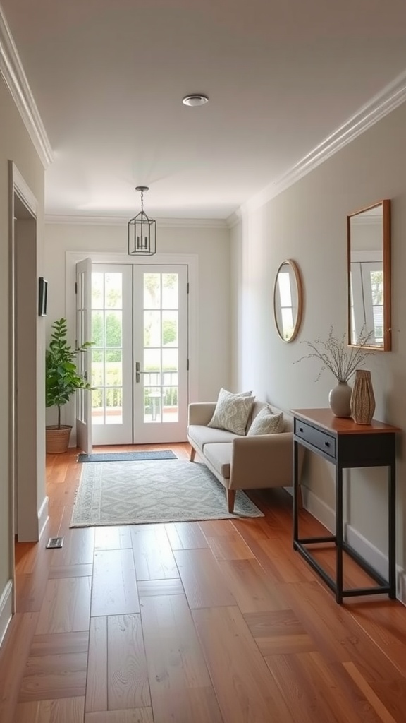 A cozy entryway featuring a small couch, a plant, and a console table with decorative items.