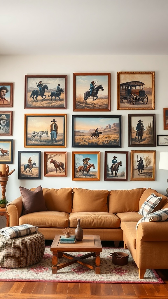 A living room featuring western artwork on the walls, a brown couch, a woven ottoman, and rustic decor