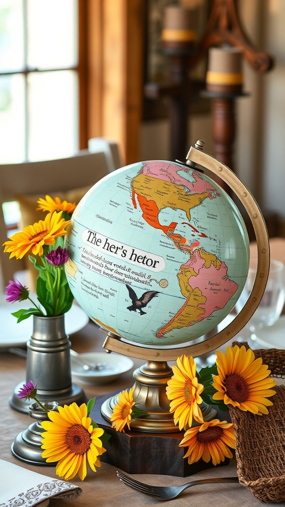 A Western themed globe centerpiece adorned with sunflowers and colorful flowers