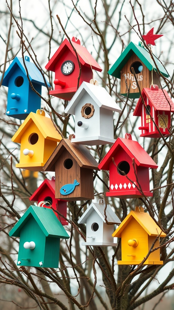 A collection of colorful birdhouses hanging in a tree.