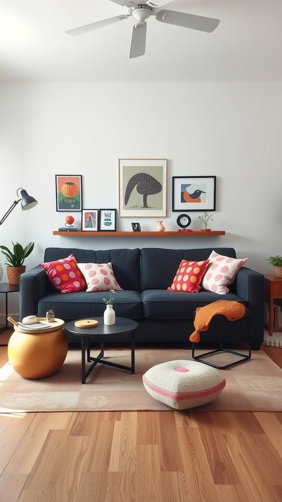 A living room featuring a dark gray couch with colorful cushions, decorative wall art, a round coffee table, and a playful pouf.