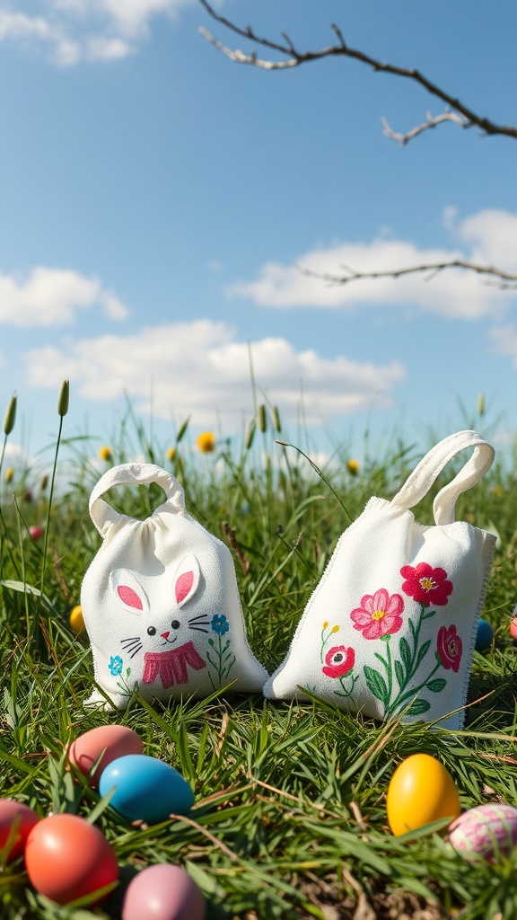 Two hand-painted Easter egg hunt bags in a grassy field with colorful plastic eggs