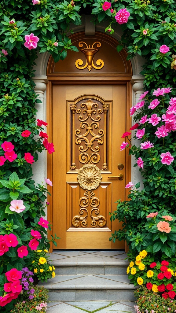 A beautifully crafted wooden door surrounded by vibrant flowers and greenery, creating a whimsical entry to a hidden garden.