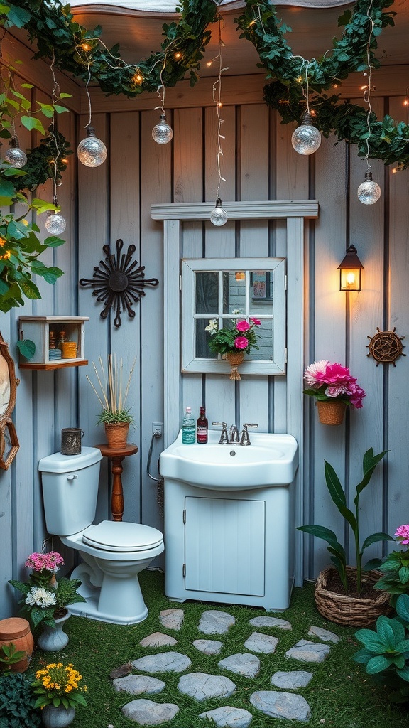 A whimsical outdoor bathroom featuring a sink, toilet, and decorative plants, illuminated with fairy lights.