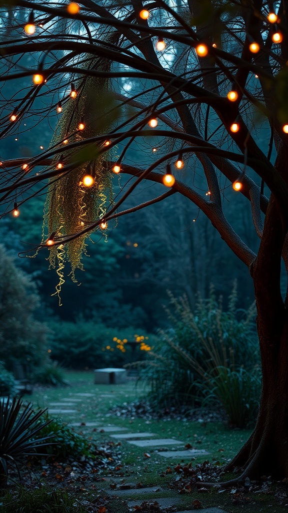 Fairy lights hanging from tree branches in a garden, illuminated at dusk.