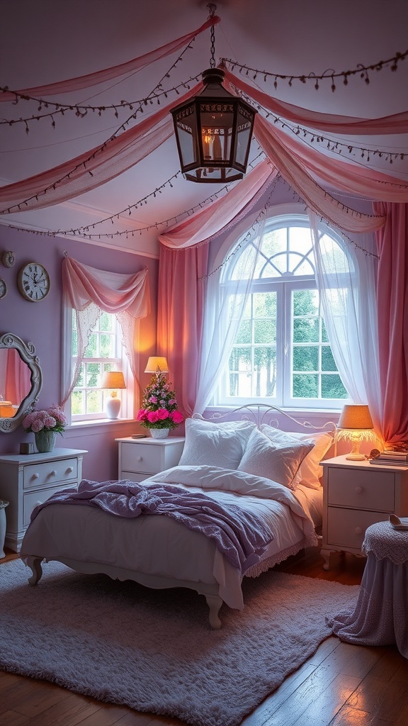 A cozy French-style bedroom with pink and lavender decor, draped ceiling, and soft lighting.