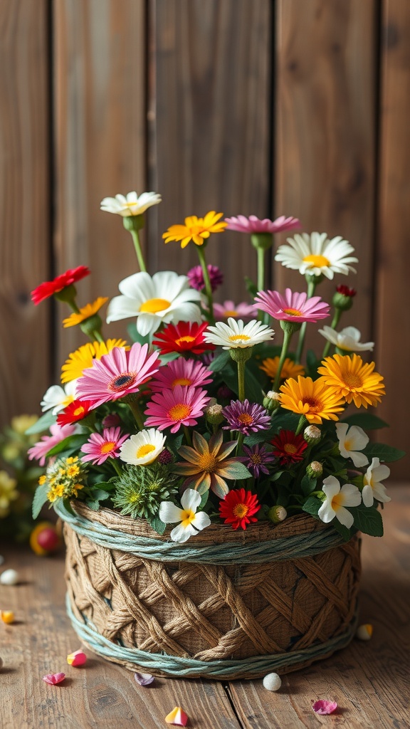 A colorful flower arrangement in a woven basket featuring daisies, gerberas, and various other flowers.