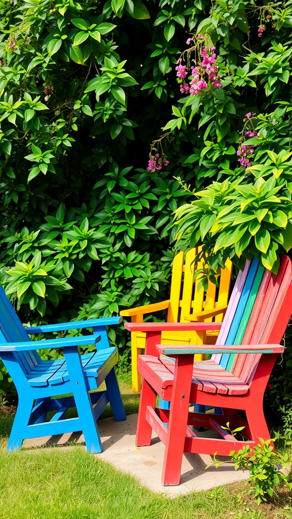 Colorful garden chairs among lush greenery and flowers