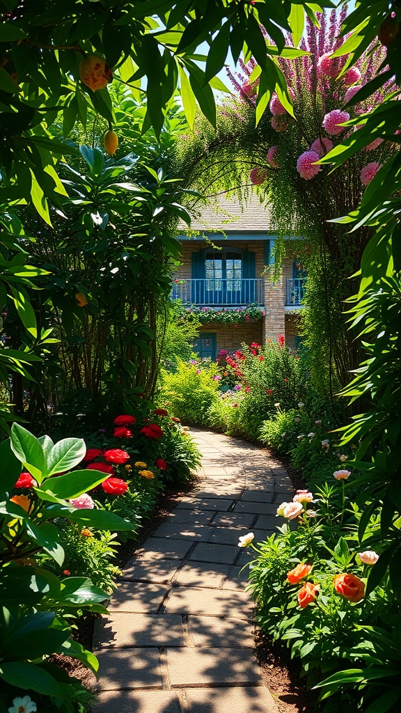 A charming stone pathway surrounded by lush green foliage and colorful flowers, leading to a quaint house.