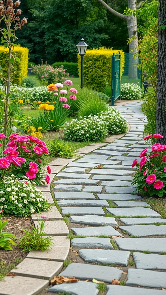 A winding natural stone pathway surrounded by colorful flowers and greenery in a garden.